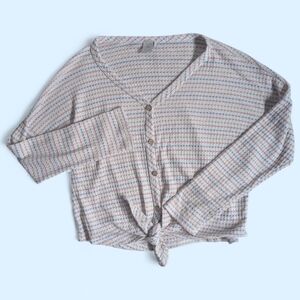 Paper Crane Striped Waffle Fabric Tie Front Button Up Blouse Size M